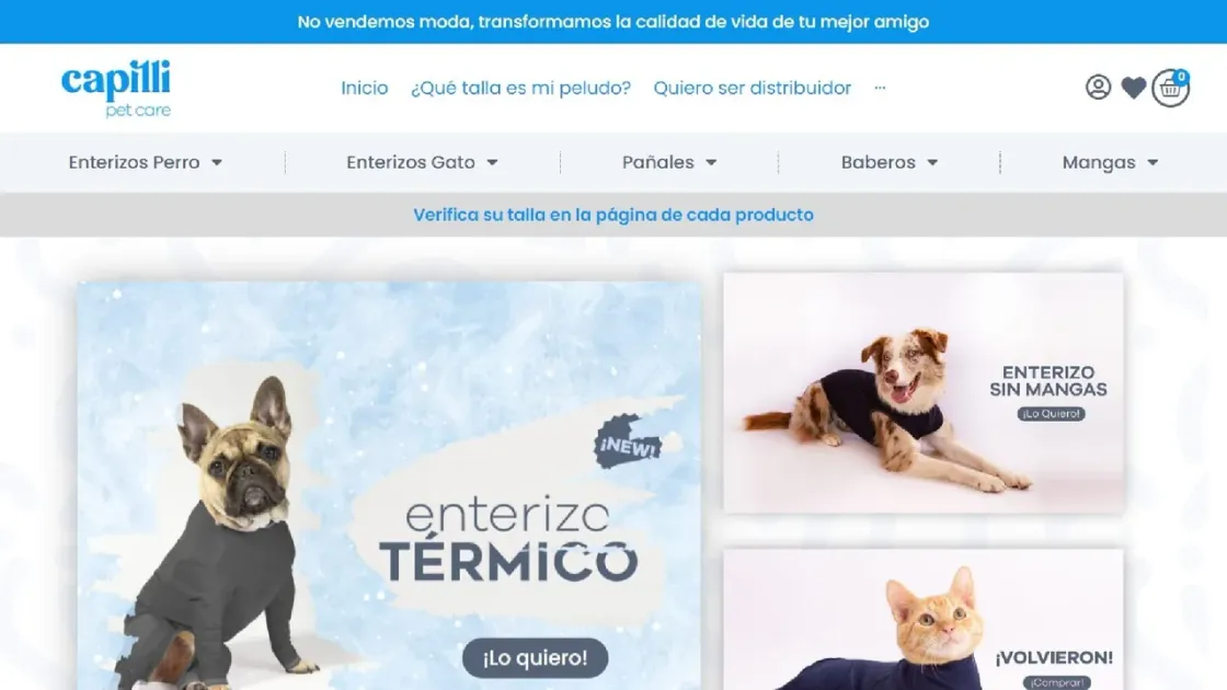 Captura de la tienda online Capilli, prendas para perros y gatos, montada en WordPress con WooCommerce.
