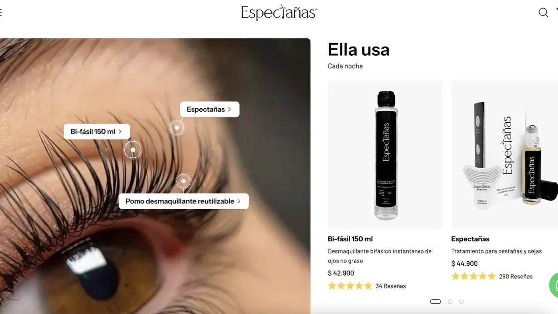 Captura de la tienda online Espectañas en Shopify, marca de productos para pestañas y cejas.