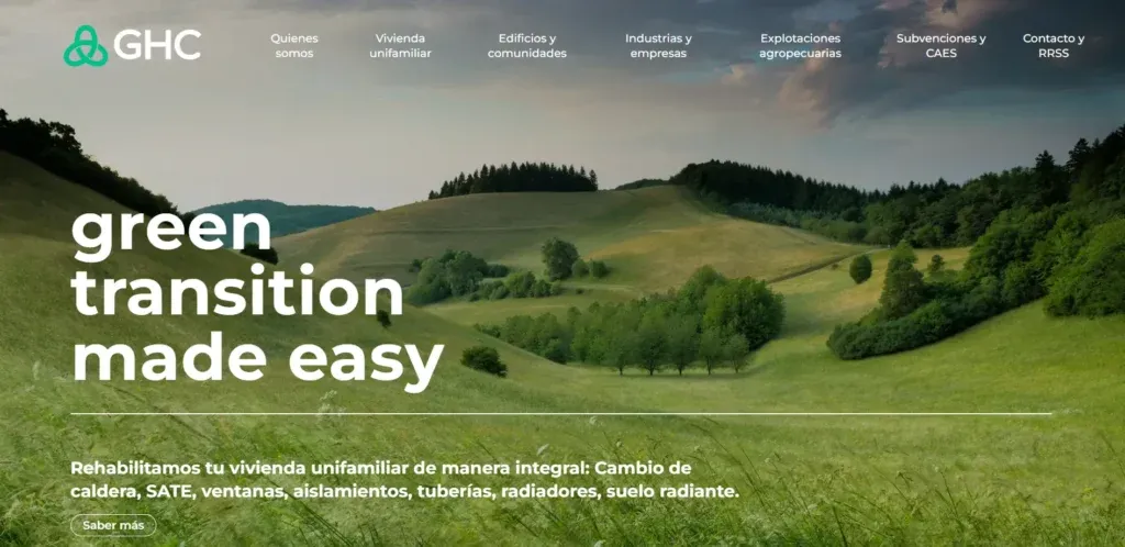Captura de la web de GHC Neutral, empresa de rehabilitación energética, con el menú por tipo de inmueble.