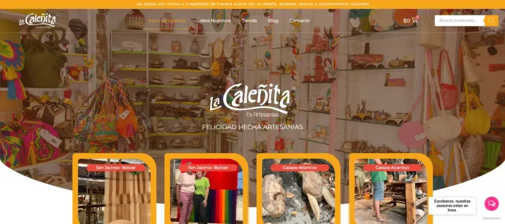 Portada de la tienda WooCommerce de La Caleñita, con artesanía colombiana y acceso por comunidades