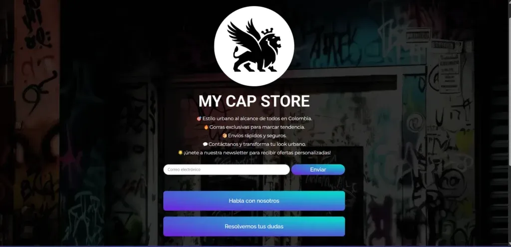 Captura de la landing de My Cap Store, marca colombiana de gorras urbanas, hecha en WordPress con Elementor
