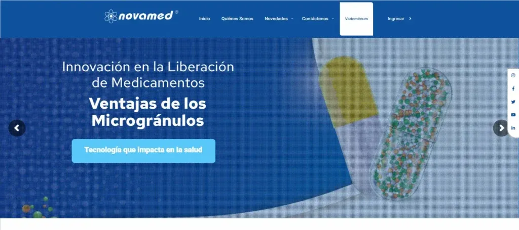 Captura de la web corporativa de Novamed, laboratorio farmacéutico colombiano, hecha en WordPress con WPBakery