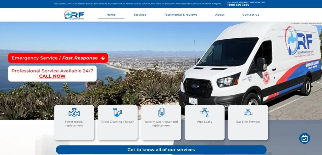 Captura de la web de Royal Flush Plumbing, empresa de fontanería de urgencias en el South Bay de Los Ángeles