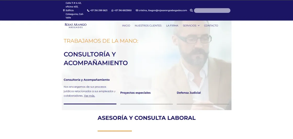 Portada de la web de Rojas Arango Abogados, firma laboralista de Cali, hecha con WordPress y Bricks