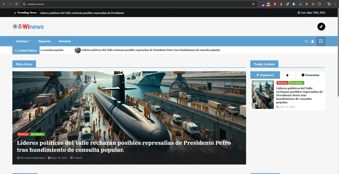 Portada del medio digital WiNews en WordPress, con historia principal y últimas publicaciones